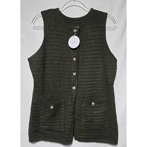 Pemhea Dark Green Knit Button Up Vest With Pockets Womens Size XL